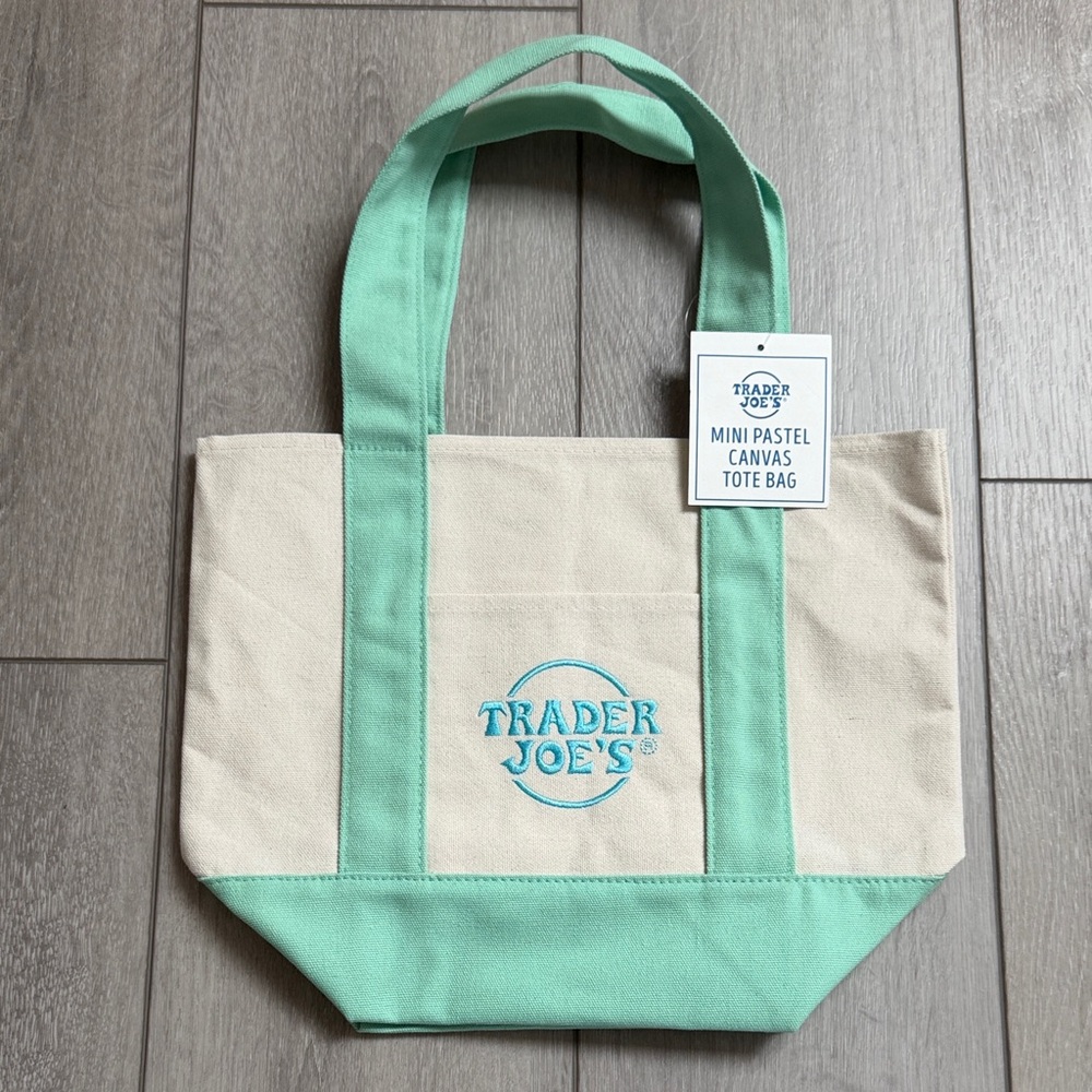 Trader Joe's Pastel Green and Cream Canvas Tote